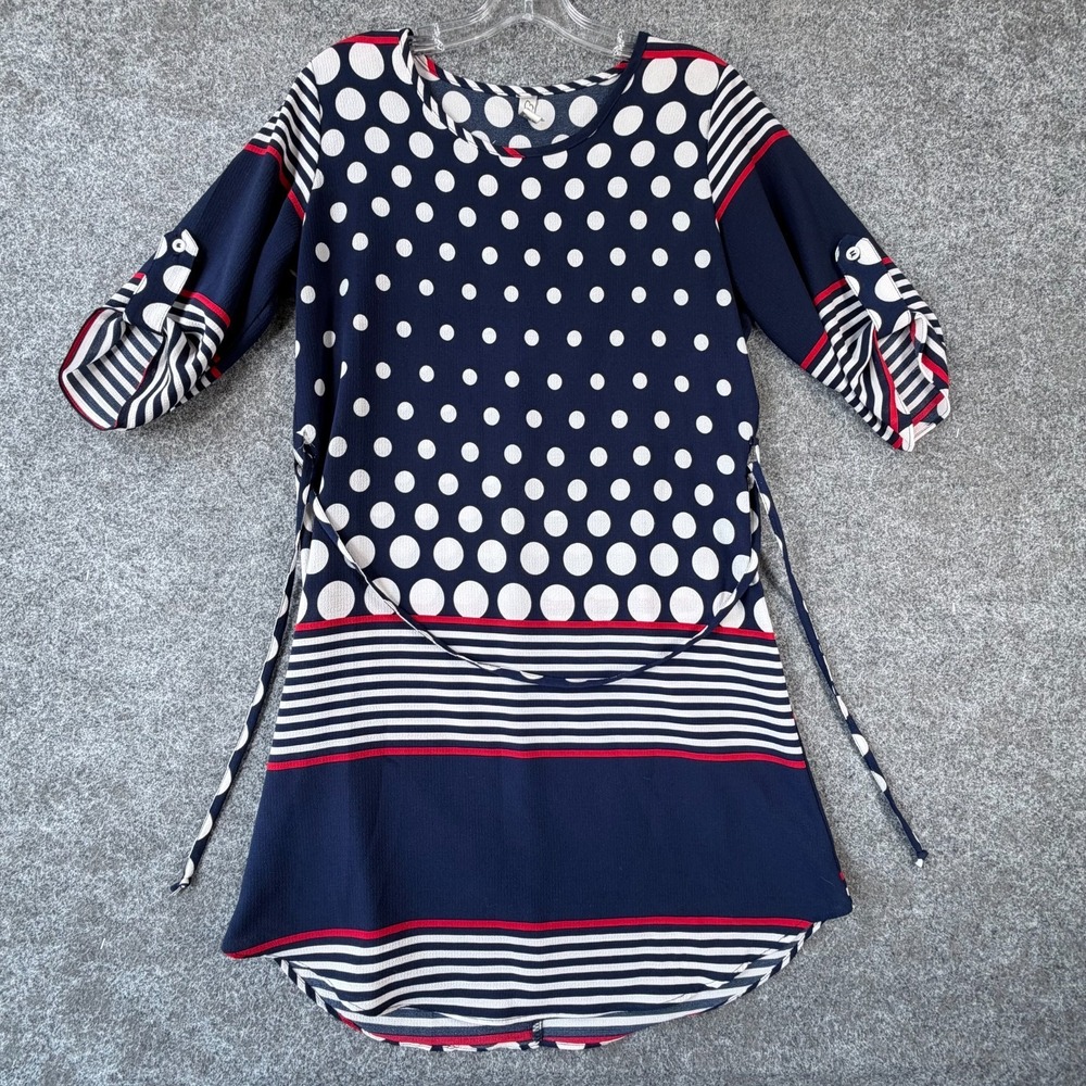 Ego Tunic Dress Womens M Navy Blue Polka Dot Striped Roll Tab Sleeve Tie Waist